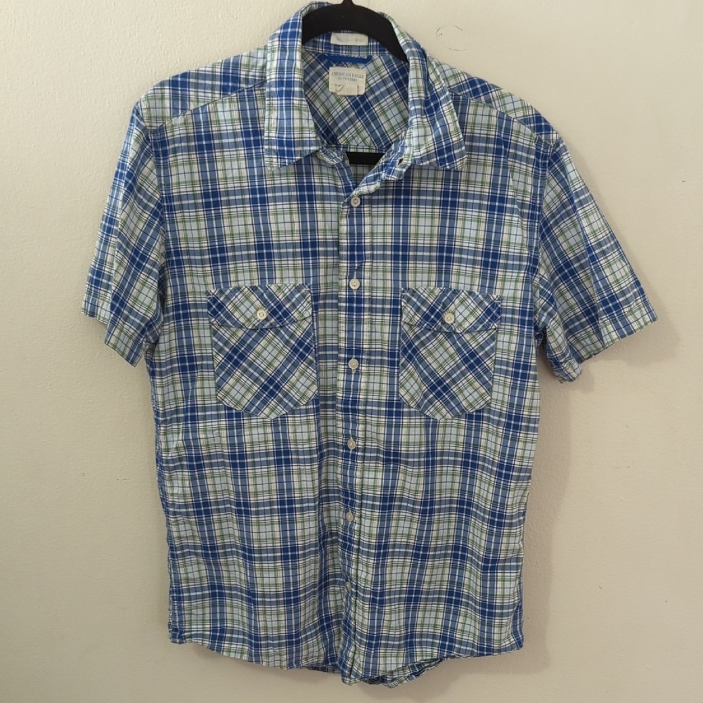 American Eagle Vintage Slim Fit Button Down Shirt White Blue Green Men's Size M